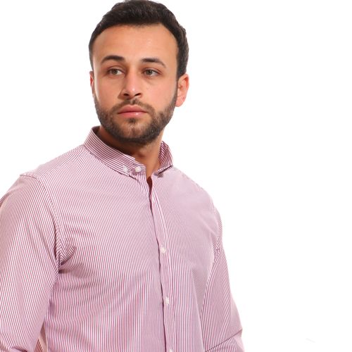 قميص رقيق مخطط بأكمام طويلة - عنابي وأبيض
