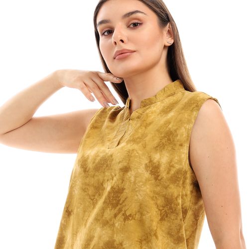 Sleeveless V-Neck Tie Dye Top - Dark Mustard