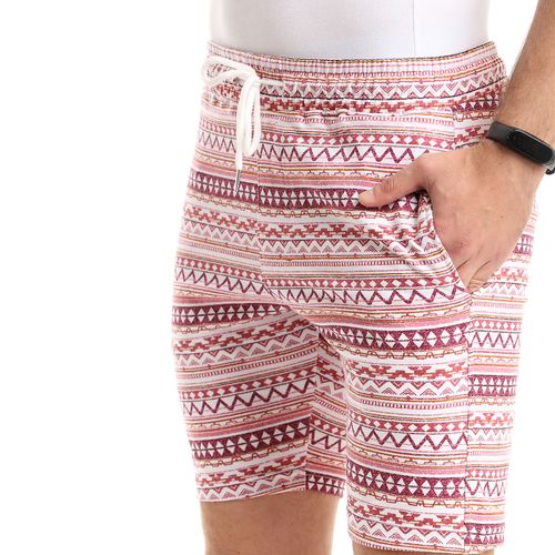 Plus Size Geometric Comfy Slip On Shorts - Burgundy & Coral