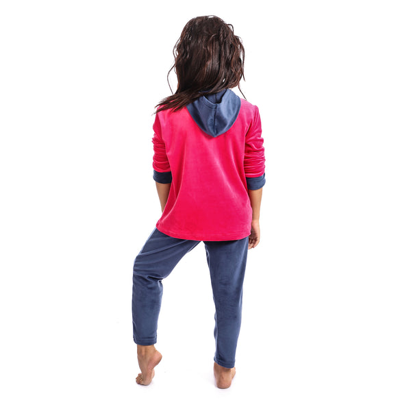 Girls Velour Pajama With Stitched Pattern - Fuchsia & Navy Blue