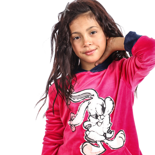 Girls Velour Pajama With Stitched Pattern - Fuchsia & Navy Blue