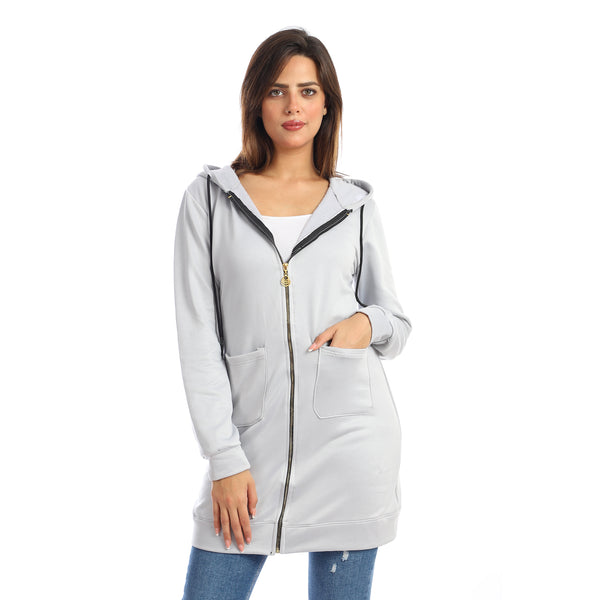 Grey Hooded Zipper Long Sweatshirt