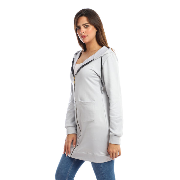 Grey Hooded Zipper Long Sweatshirt