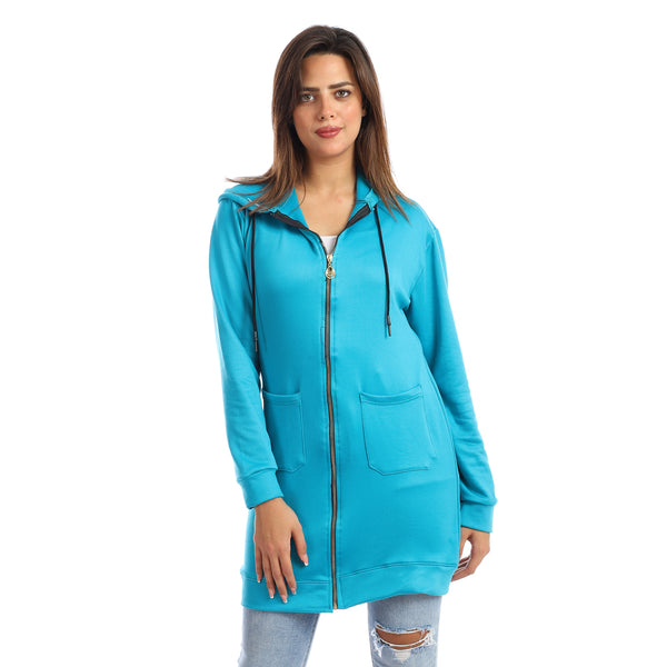 Turquoise Hooded Zipper Long Sweatshirt