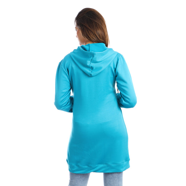 Turquoise Hooded Zipper Long Sweatshirt