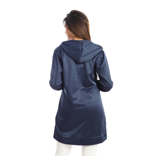 Long Hooded Zipper Sweatshirt - Navy Blue
