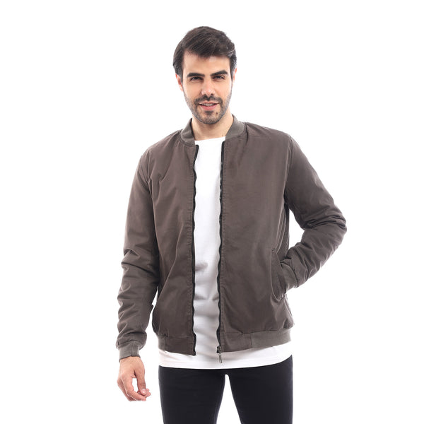 Self Pattern  Mock Collar Jacket - Grey