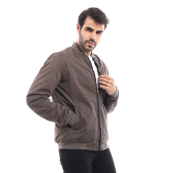 Self Pattern  Mock Collar Jacket - Grey