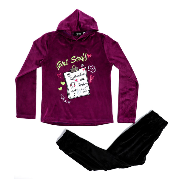 Hooded Girls Printed Pajama - Purple & Black