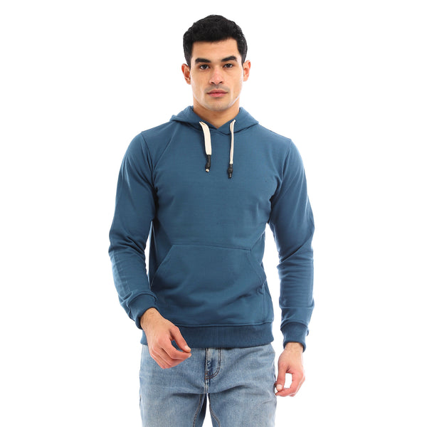Solid Fleece Hoodie With Kangaroo Pocket - Blue