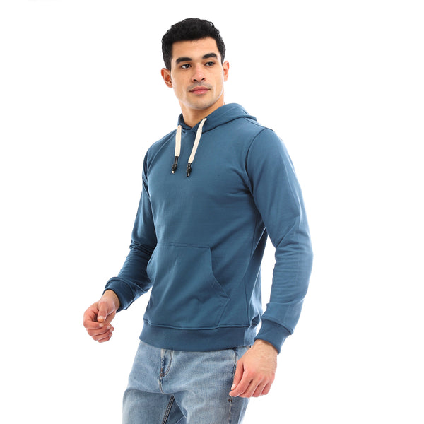 Solid Fleece Hoodie With Kangaroo Pocket - Blue