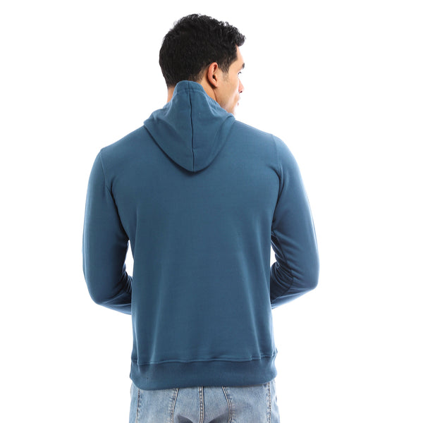 Solid Fleece Hoodie With Kangaroo Pocket - Blue