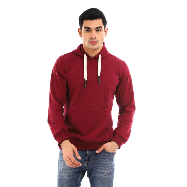 Solid Fleece Hoodie With Kangaroo Pocket - Maroon