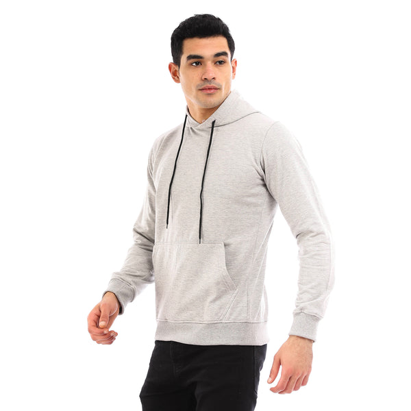 Solid Fleece Hoodie With Kangaroo Pocket - Light Grey
