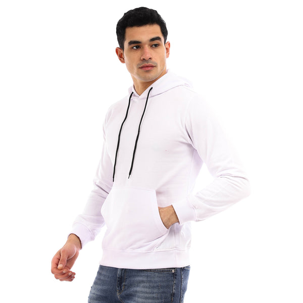 Solid Fleece Hoodie With Kangaroo Pocket - White