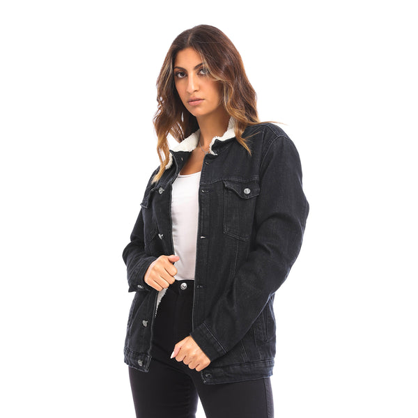 Long Sleeves Light Washed Navy Blue Fur Lined Denim Jacket