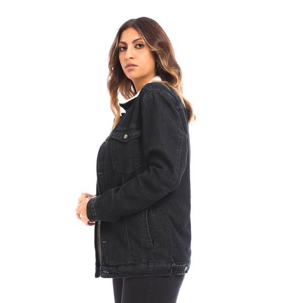 Long Sleeves Light Washed Navy Blue Fur Lined Denim Jacket
