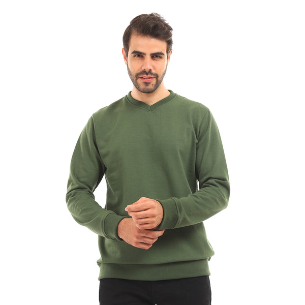 Basic V-Neck Plain Sweatshirt - Olive