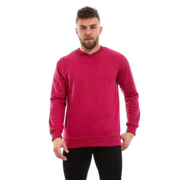 Solid V-Neck Comfy Fleece Sweatshirt - Dark Fuchsia