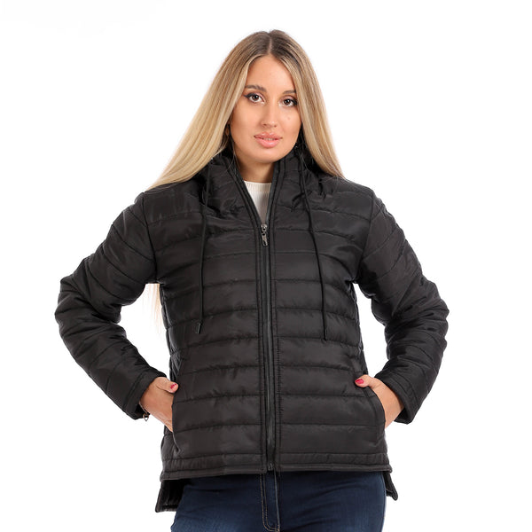 Comfy Solid Front Zipper Jacket - Black