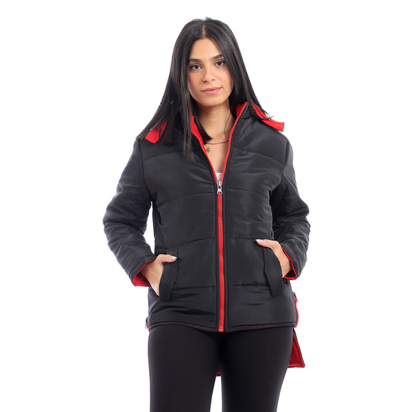 Adjustable Hoodie Double Face Jacket - Red & Black