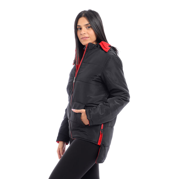 Adjustable Hoodie Double Face Jacket - Red & Black