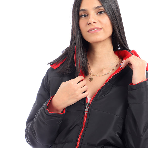 Adjustable Hoodie Double Face Jacket - Red & Black