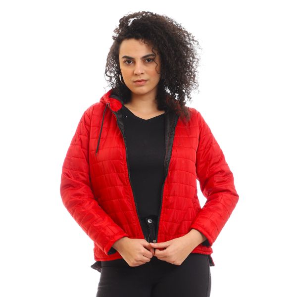 Quilted Hooded Zipper Puffer Jacket - Red