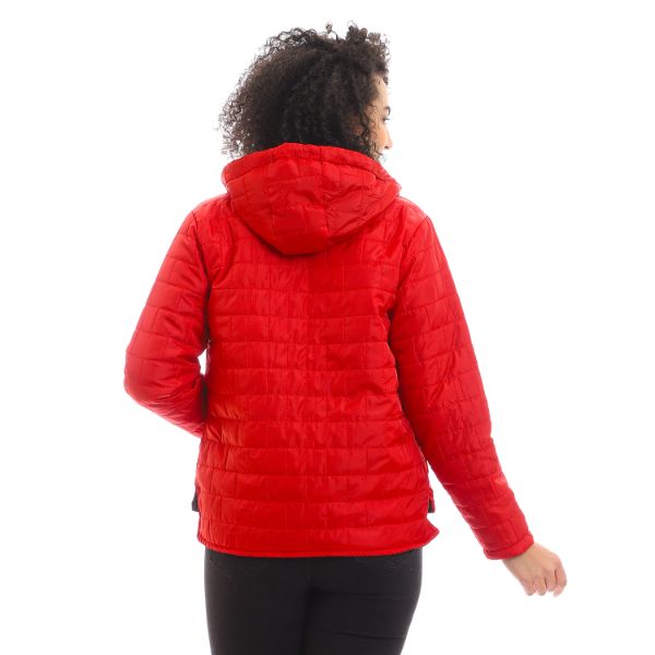 Quilted Hooded Zipper Puffer Jacket - Red