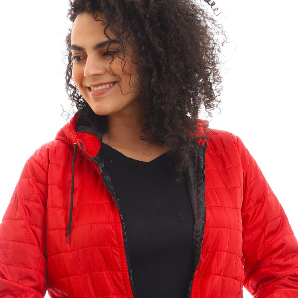 Quilted Hooded Zipper Puffer Jacket - Red