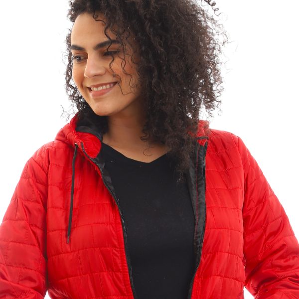 Quilted Hooded Zipper Puffer Jacket - Red