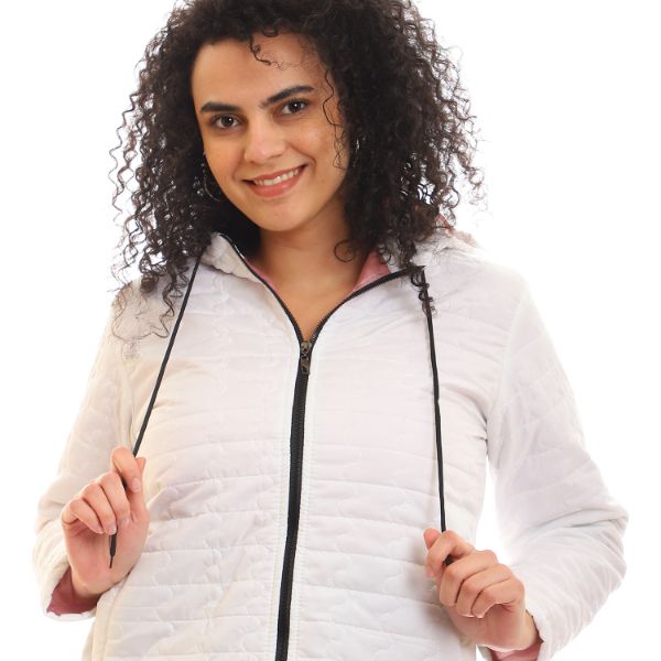 Quilted Hooded Zipper Puffer Jacket - White