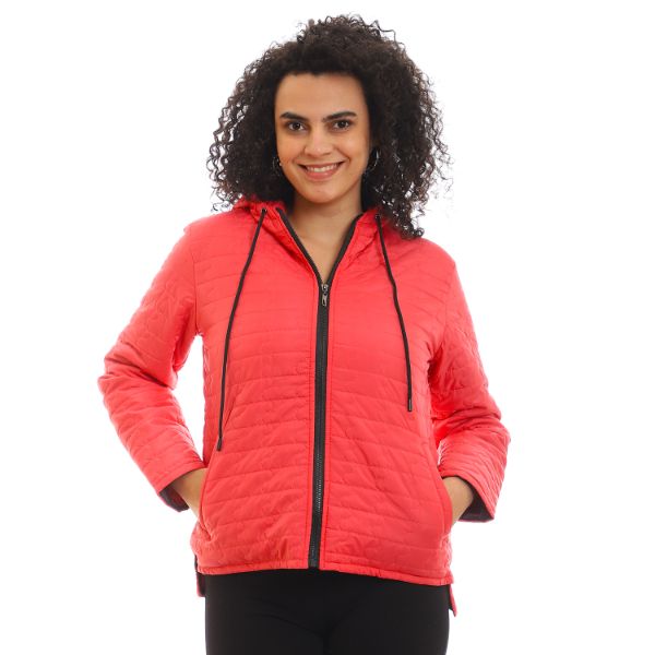 Quilted Hooded Zipper Puffer Jacket - Watermelon