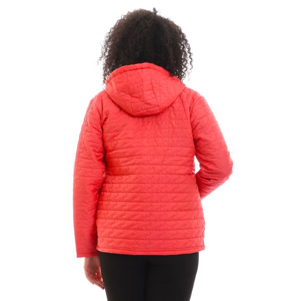 Quilted Hooded Zipper Puffer Jacket - Watermelon