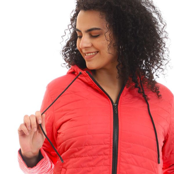 Quilted Hooded Zipper Puffer Jacket - Watermelon