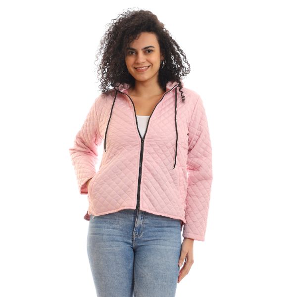 Quilted Hooded Zipper Puffer Jacket - Rose