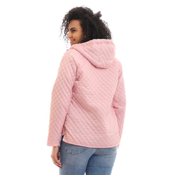 Quilted Hooded Zipper Puffer Jacket - Rose