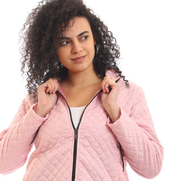 Quilted Hooded Zipper Puffer Jacket - Rose