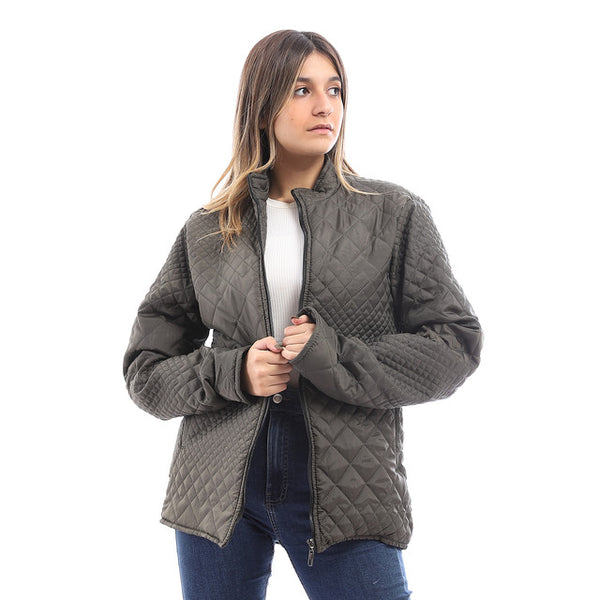 Zipper Quilted Polyester Olive Jacket