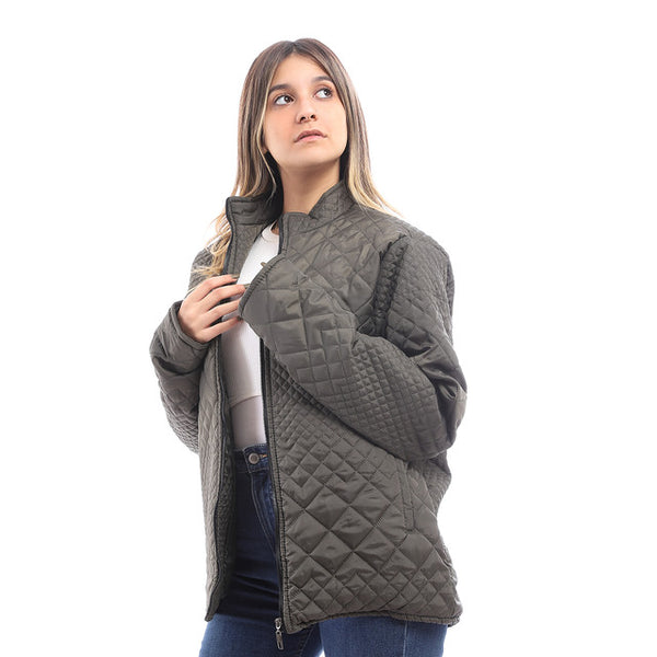 Zipper Quilted Polyester Olive Jacket