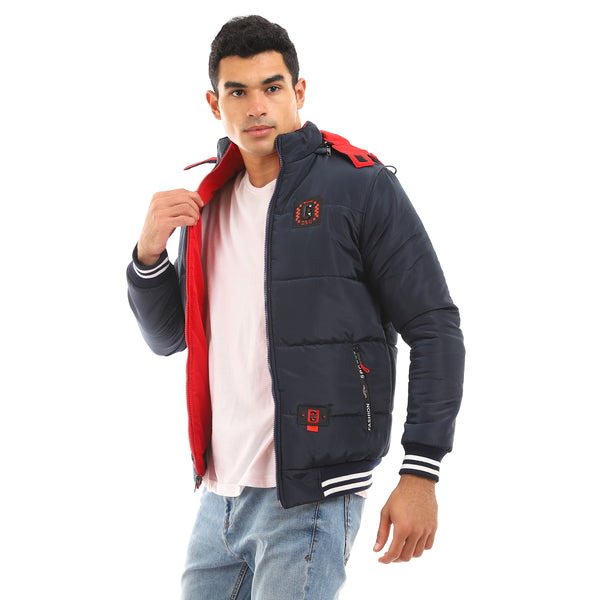 Double Face Back Printed Puffer Jacket - Navy Blue & Red