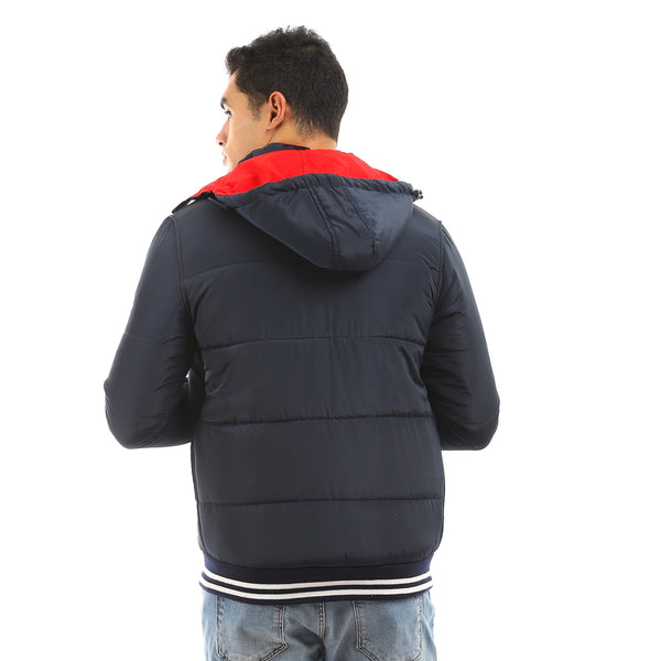 Double Face Back Printed Puffer Jacket - Navy Blue & Red