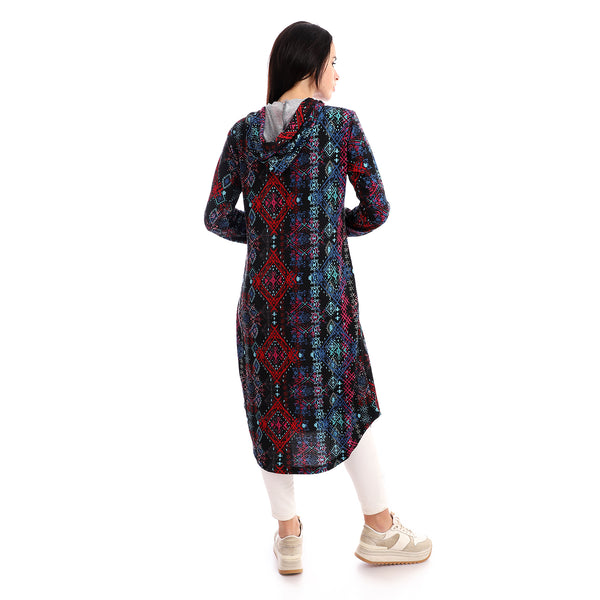 Patterned Cotton Hooded Long Shirt - Black & Red