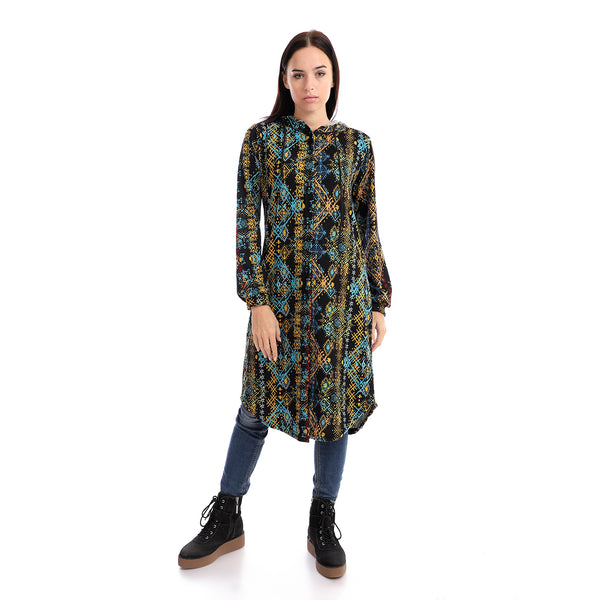 Patterned Cotton Hooded Long Shirt - Black & Turquoise