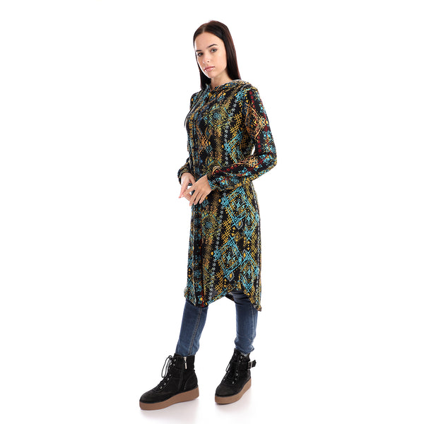 Patterned Cotton Hooded Long Shirt - Black & Turquoise