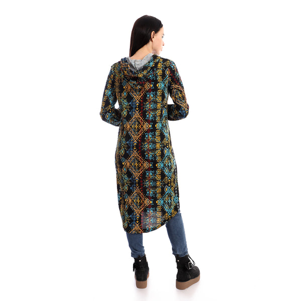 Patterned Cotton Hooded Long Shirt - Black & Turquoise