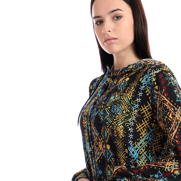 Patterned Cotton Hooded Long Shirt - Black & Turquoise