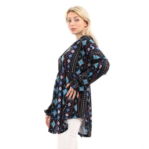 Geometric Pattern Hooded Slip On Long Top - Sky Blue & Black