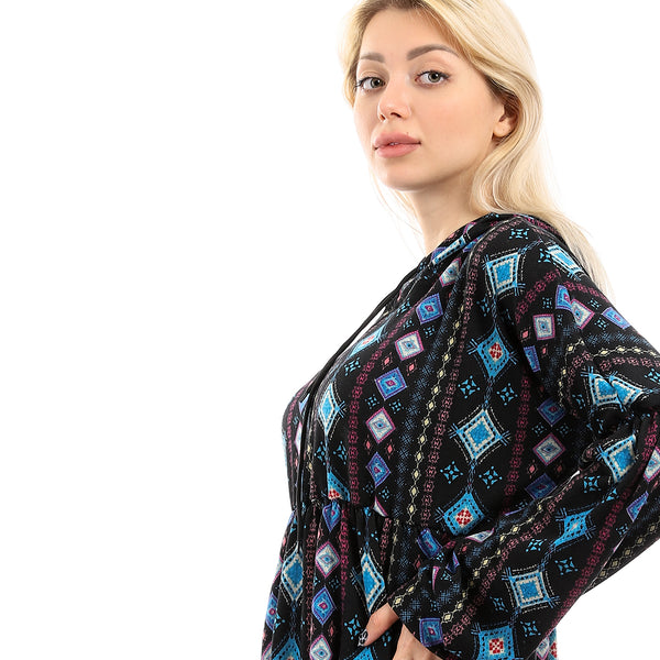 Geometric Pattern Hooded Slip On Long Top - Sky Blue & Black