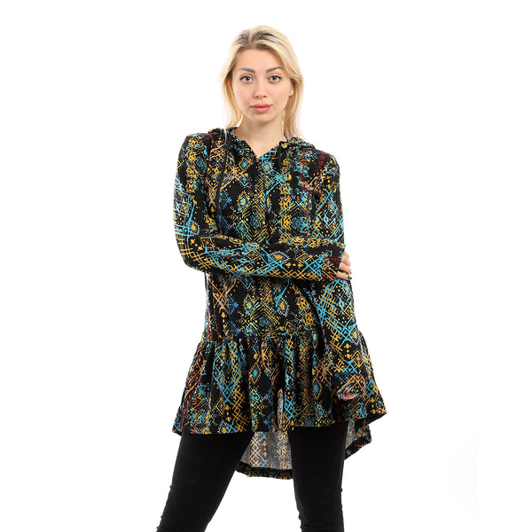 Hi-Low Ruffle Trim Patterned Winter Shirt - Dark Yellow & Black